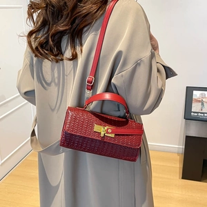 Mini borsa Kelly rosso scuro trama intrecciata con fibbia dorata su una modella