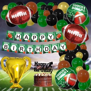 Kit déco anniversaire football américain avec ballons verts, noirs, marron et banderoles