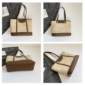 Detailed four-way view showing the two-tone canvas tote bag with brown leather trim