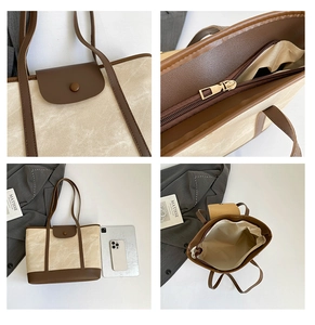 Macro detail of the contrast trim stitching and secure magnetic flap of the tote bag