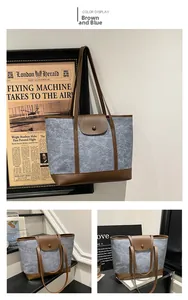 Detail of blue felt tote bag with brown leather trim and snap button closure