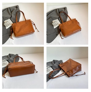 Detailed views of a brown tote bag featuring vintage embossed patterns and side drawstring