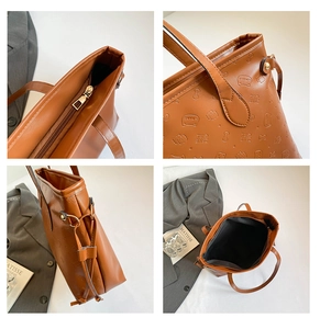 Detailed views of embossed brown tote bag showing zipper, texture and interior space
