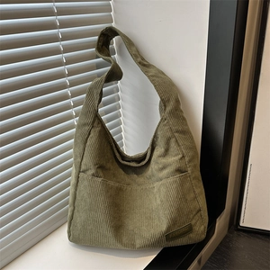 Women Retro Corduroy Shoulder Bag Large Capacity Tote Bag With Front Pocket Fashion Striped Hobo Bag For Daily Travel