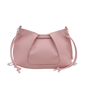 Minimalist light pink pleated shoulder bag with silver chain strap and side bow detail