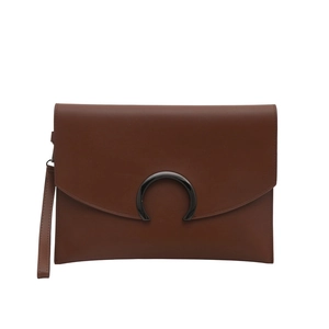 Brown minimalist envelope clutch bag with metal ring closure and wristlet strap