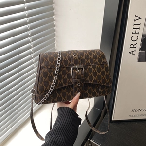 Vintage dark brown crossbody bag with letter print patterns and metal chain strap