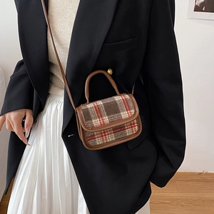 Retro plaid woolen handbag with brown leather trim and adjustable crossbody strap