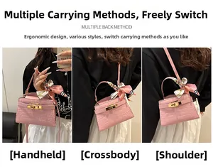 Detailed views of pink crocodile pattern handbag with metal twist lock and silk scarf decor