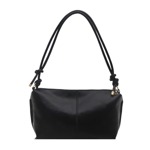 Minimalist black faux leather shoulder bag with decorative double knots and gold hardware