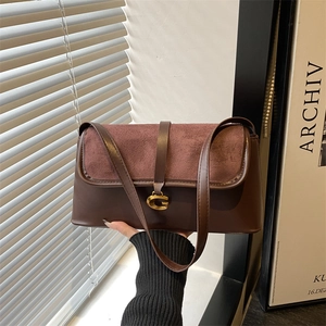 Women Vintage Splicing Suede Underarm Bag With G-Buckle Metal Closure Fashion Baguette Shoulder Bag Daily Party Gift