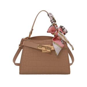 Crocodile embossed Kelly style handbag in beige with decorative silk scarf and gold lock
