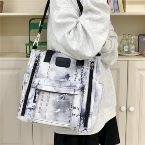 Ink wash style large tote bag with calligraphy pattern and clear PVC front pocket