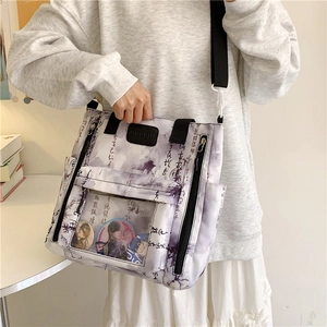 Chinese style white ita-bag with calligraphy print and transparent display window