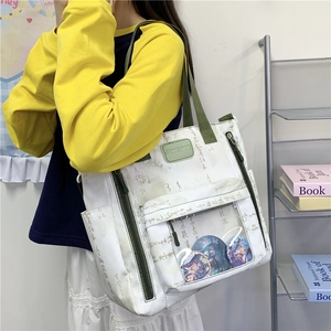White canvas tote bag with Chinese calligraphy print and transparent PVC pin pocket