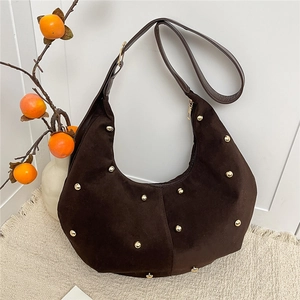 Vintage brown suede tote bag with golden studs and minimalist hobo half-moon design