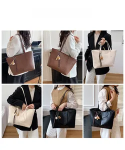 Detail showing high-capacity crocodile pattern tote bag in black, beige, and brown colors