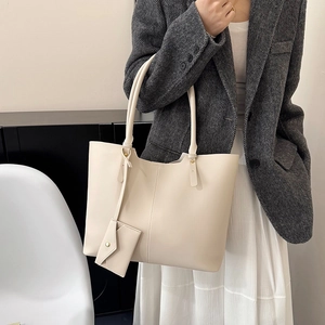 Minimalist cream white large capacity tote bag with matching pouch for women
