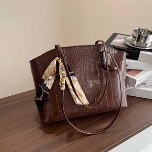 Krokodil Prägung PU Leder Tote Handtasche Große Kapazität Umhängetasche Mit Dekorativem Satinnschal Elegant Für Damen