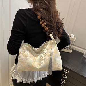 New Chinese style shoulder bag with landscape jacquard pattern and wooden bead handle