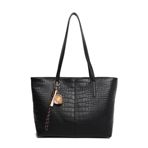 Minimalist large black crocodile pattern tote bag with baseball themed charm pendant