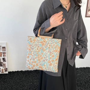 Floral print tote bag with bamboo handles for women, stylish commuting shoulder bag