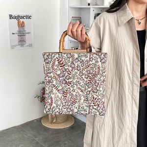 Floral fabric tote bag with natural bamboo handles for women stylish daily commuting