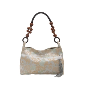 Modern Chinese style jacquard shoulder bag with landscape pattern and wooden bead handle