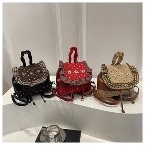 Mini floral denim patchwork backpack for women in black, red, and khaki colors