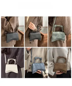 Collage of five different colored hourglass shoulder bags on models in soft indoor light