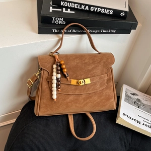 Vintage Matte Faux Suede Small Square Bag Gold Turn Lock Crossbody Shoulder Handbag Wooden Beaded Charm Commute Women