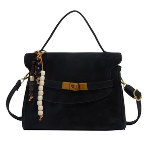Retro matte black satchel with gold twist lock and tricolor bead charm decoration