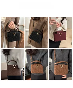 Detailed views of leopard print tote bags in multiple colors shown on a female model