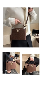 Macro view of leopard print texture and gold V-shaped logo on a brown crossbody bag