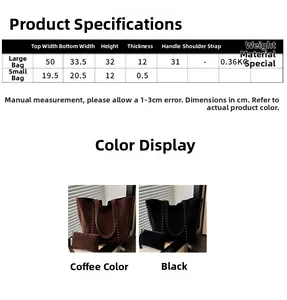 Size chart showing large suede tote and small pouch dimensions with rivet details