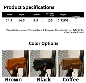 Size chart showing dimensions and PU material specs for the vintage flap crossbody bag