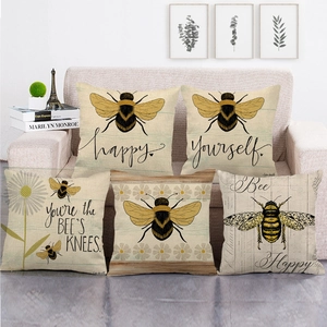 Set of 5 rustic bee-themed linen pillow covers with vintage floral and typography patterns