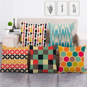 Set of five linen pillow covers with diverse geometric patterns and vibrant colors