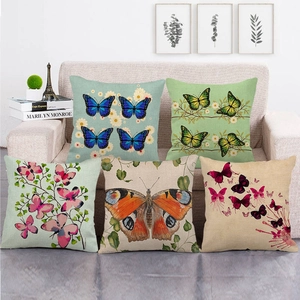 Butterfly Pattern Cushion Covers Linen Blend Retro Artistic Decorative Square Pillowcases For Sofa Couch Home