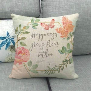 Linen pillow cover with butterfly flower print and Happiness grows from within text