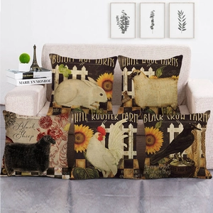 Rustic Farm Animal Linen Pillowcase Vintage Sheep Cow Rooster Sunflower Decorative Throw Pillow Cover For Home Living Room