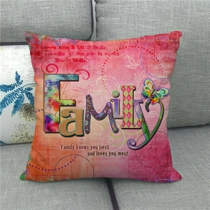 Linen decorative pillowcase with colorful Family art design on a grey sofa couch