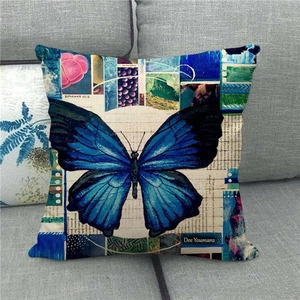Linen square throw pillow cover featuring a realistic blue butterfly with collage art