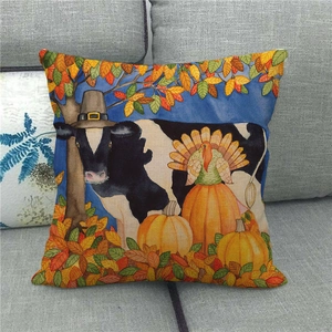 Linen throw pillow cover with festive farmhouse cow, turkey and pumpkin illustration