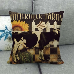Linen farmhouse pillow cover with cow, sunflower and rustic wooden fence design