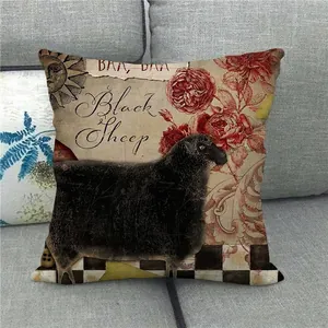 Linen pillow cover with retro black sheep and rose art, farmhouse decor style for sofa
