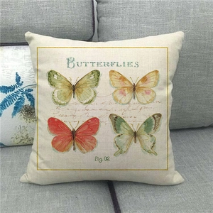 Detailed macro view of vintage butterfly pattern on linen pillowcase fabric texture