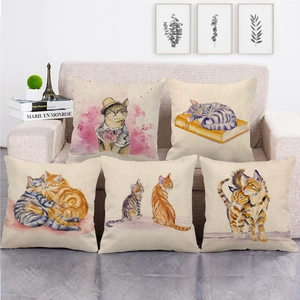 Watercolor Cat Cushion Cover Linen Square Hand Painted Animal Throw Pillowcase Artistic Home Decor Sofa Case