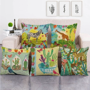 Square Pillowcase Cotton Linen Blend Tropical Animal Plant Pattern Decorative Sofa Cushion Cover Home Decor