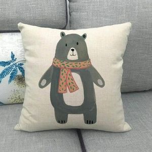 Cartoon raccoon print linen pillow cover on sofa for cozy home living room decoration